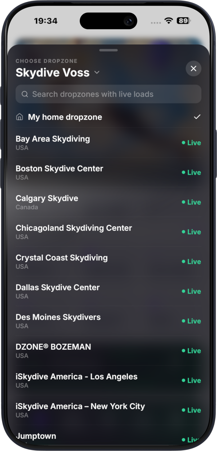 Manifest showing dropzones with live loads right now - Bay Area, Boston, Calgary, Chicagoland and more