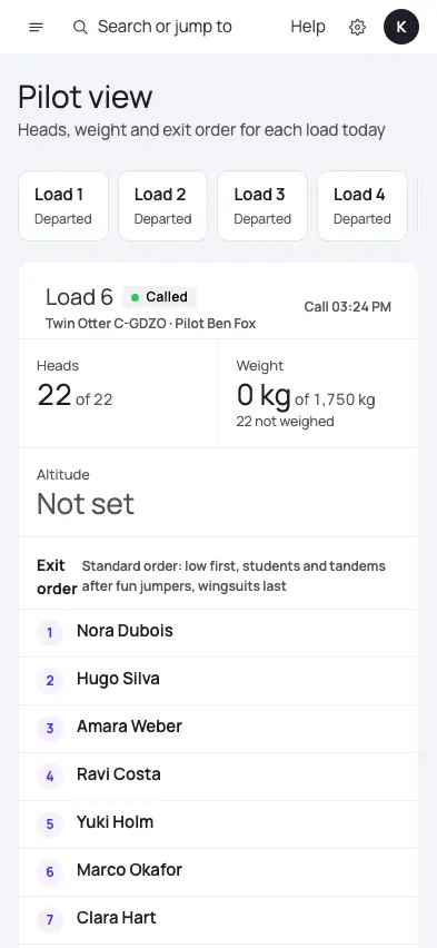 Pilot view in Manifest Desk on a phone