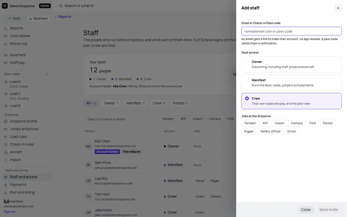 The Add staff panel in Manifest Desk with Owner, Manifest and Crew access