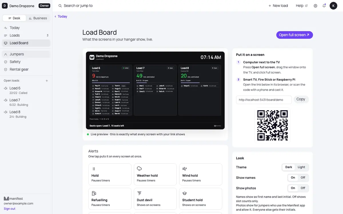 The Load Board page in Manifest Desk with a live preview of the hangar screen