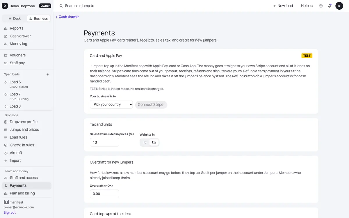 The Payments page in Manifest Desk