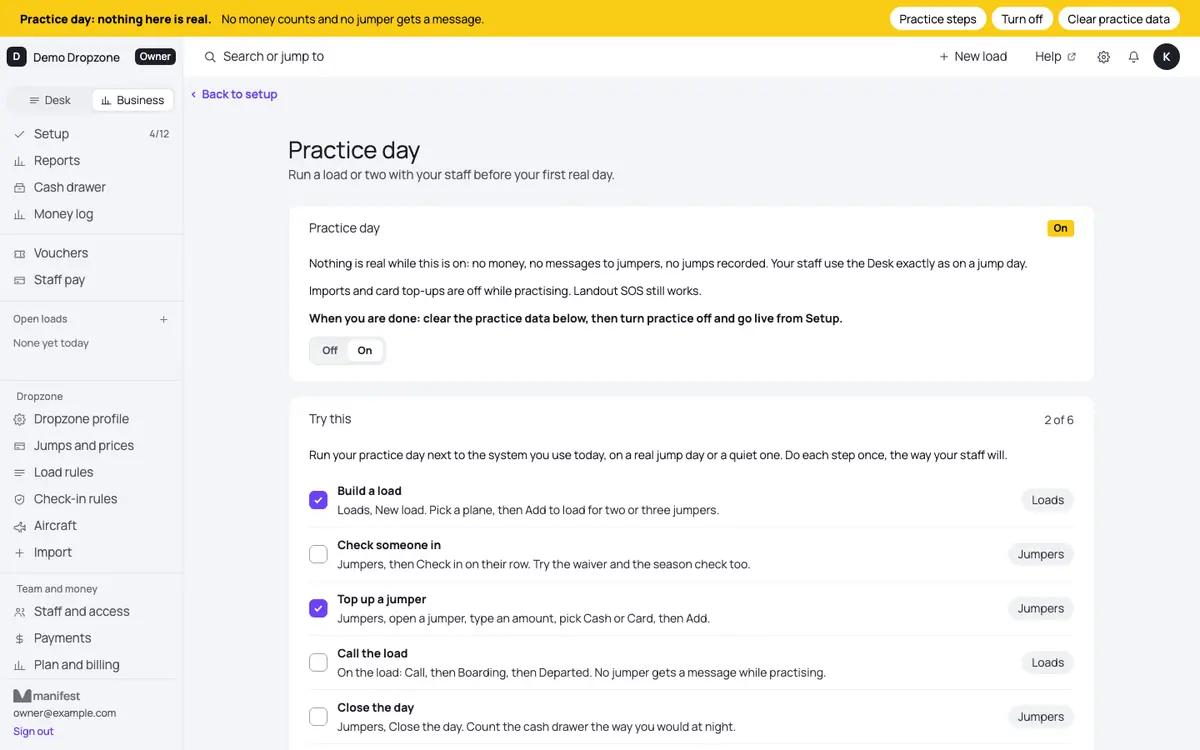 The Practice day page in Manifest Desk with the Try this list