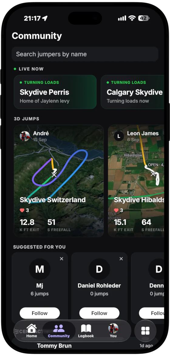 The Community screen showing dropzones turning loads and recent jumper activity