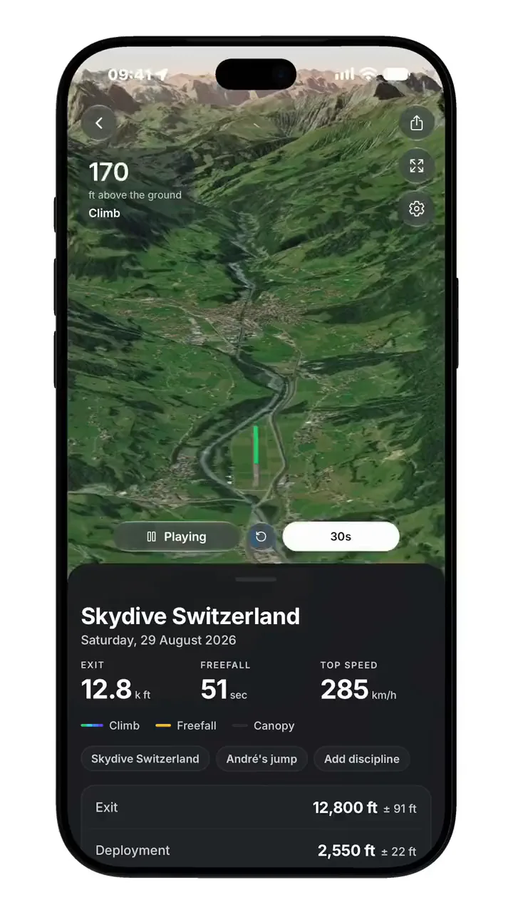 A jump replayed in 3D over the Swiss Alps in the Manifest app, with exit altitude, freefall time and top speed under the map