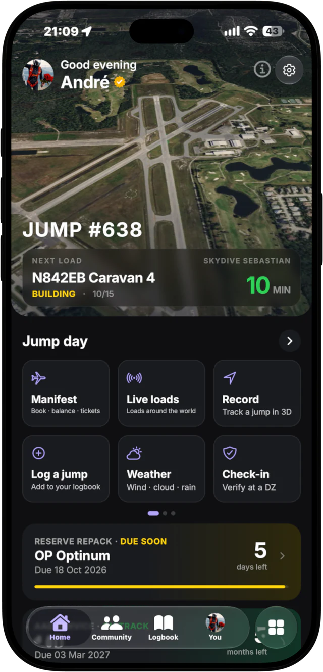 Manifest app home screen with the next load and minutes to call