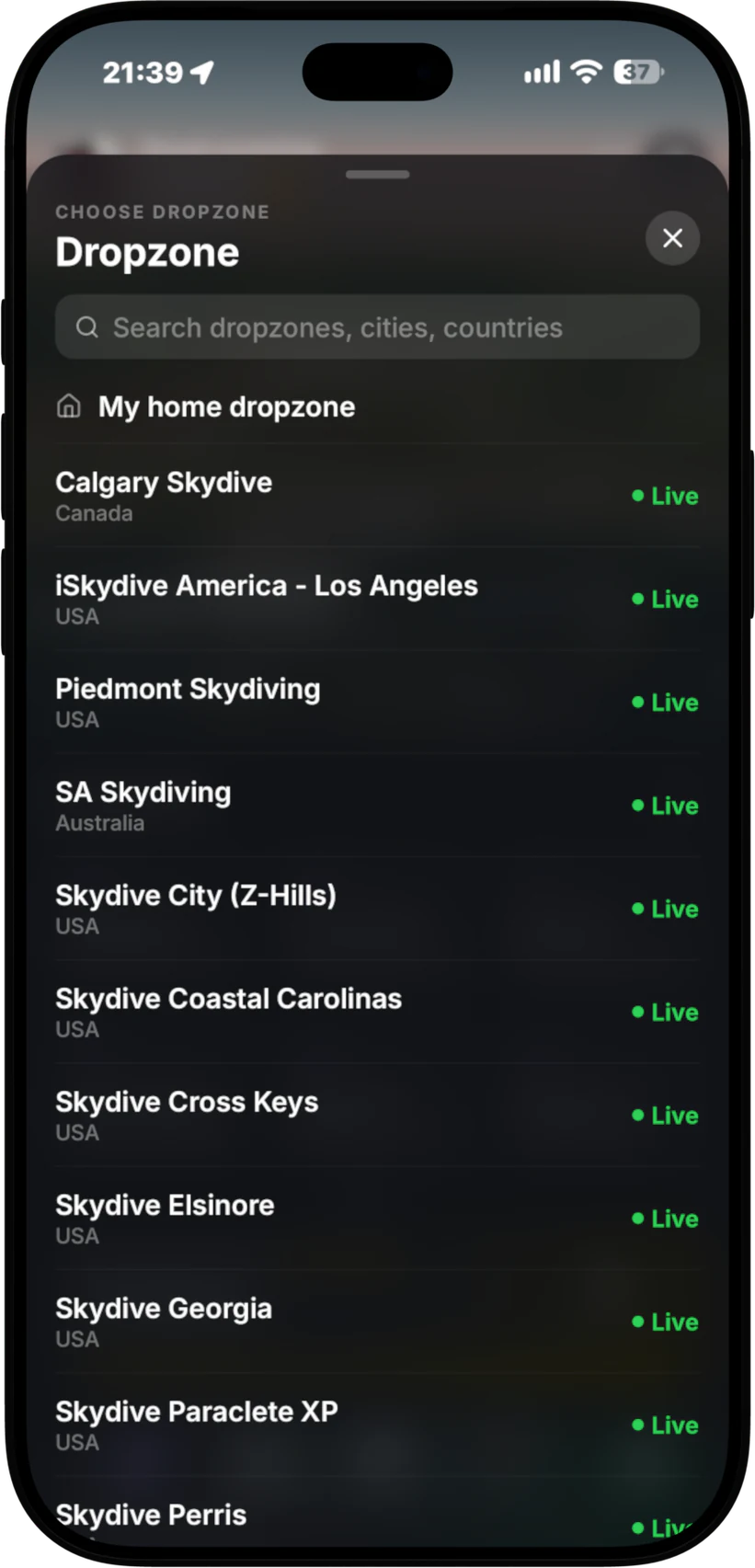 Manifest showing dropzones with live loads right now - Calgary, Los Angeles, Z-Hills, Perris and more