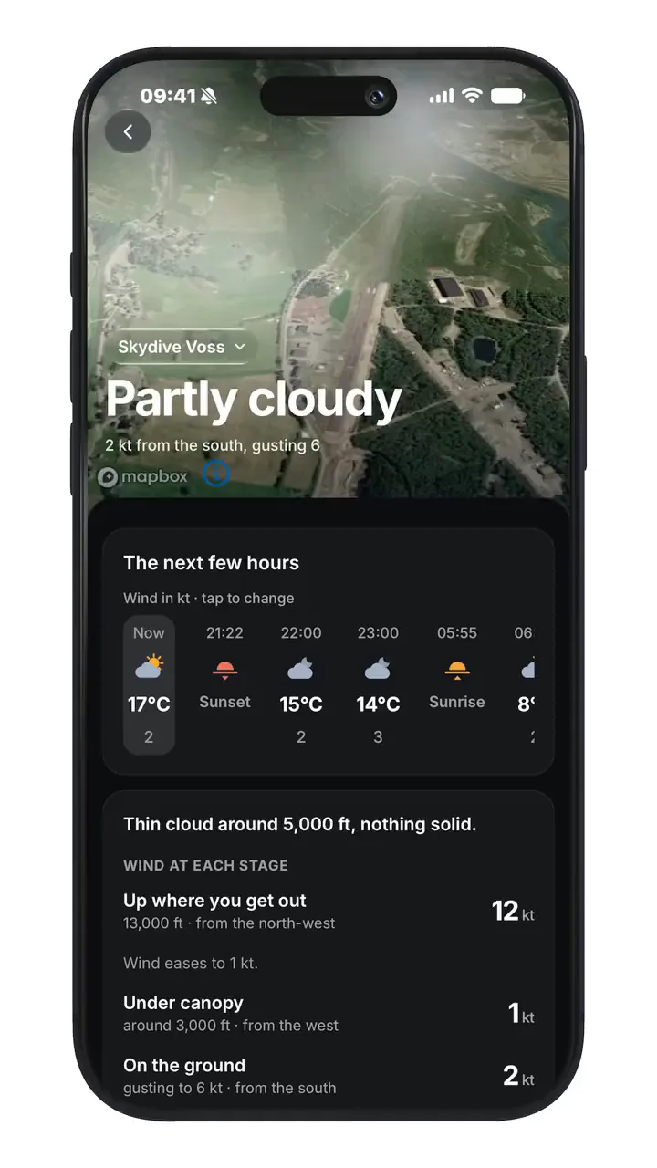 The Manifest weather screen for a dropzone, with the next few hours and the wind up where you get out, under canopy and on the ground